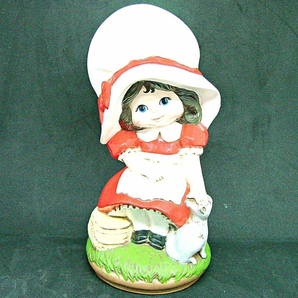 1974 Collectible Little Girl Figurine Byron Molds Bonnet White Red Dress and Cat